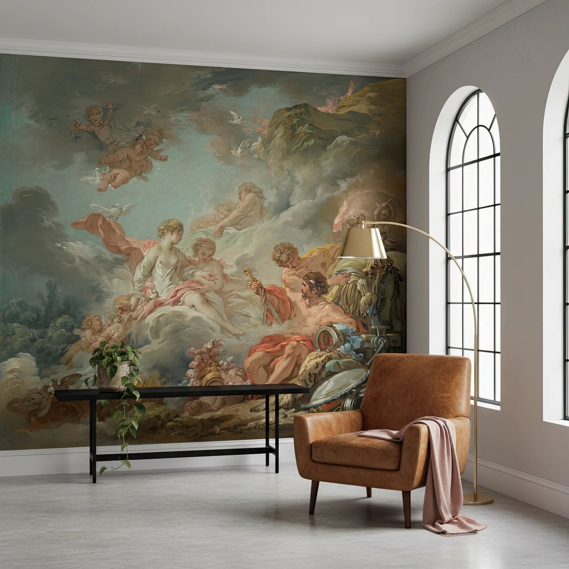 Heavenly Gathering baroque mural wallpaper featuring cherubs and clouds in living room with leather chair
