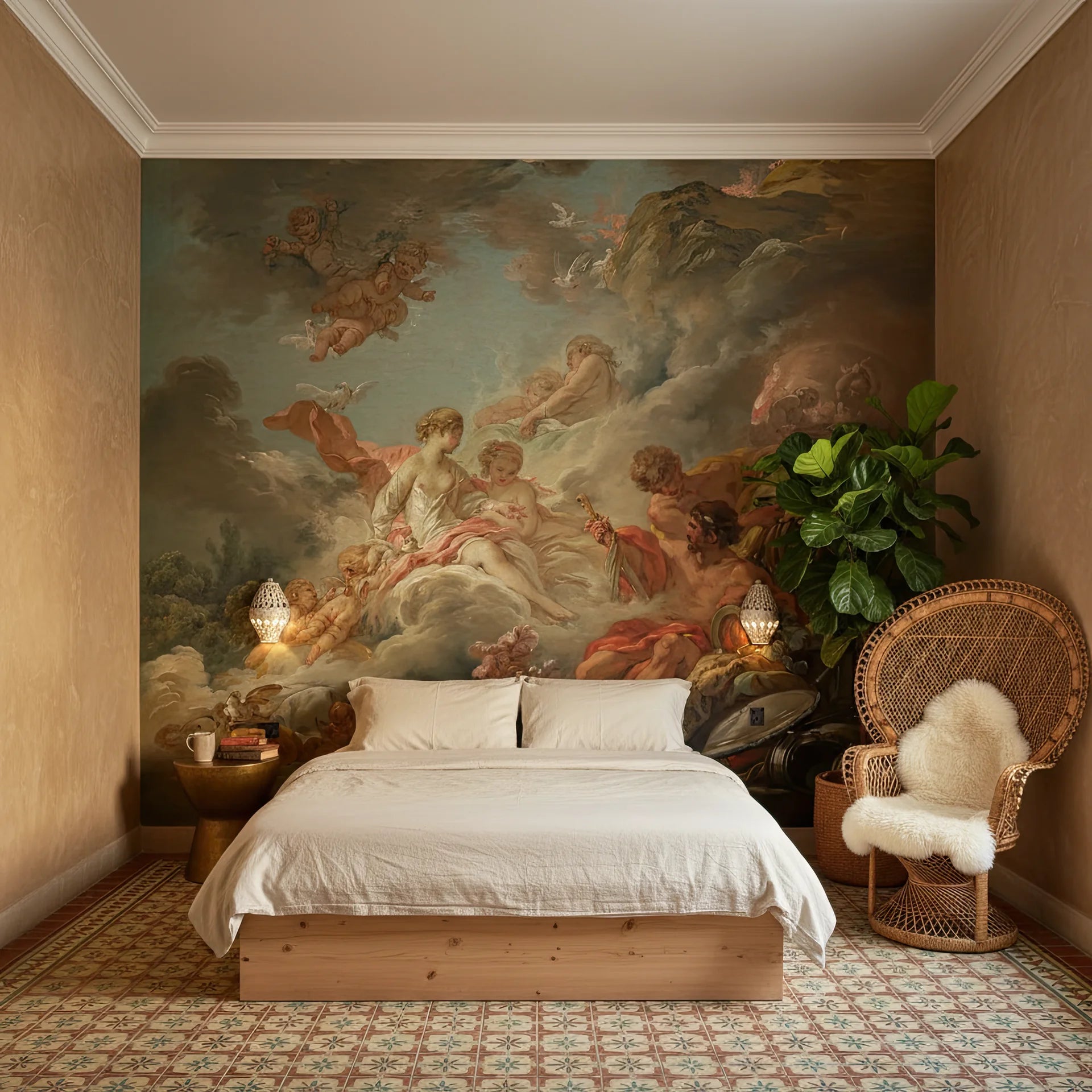 Baroque Heavenly Gathering mural wallpaper featuring cherubs and clouds on bedroom accent wall