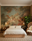 Baroque Heavenly Gathering mural wallpaper featuring cherubs and clouds on bedroom accent wall