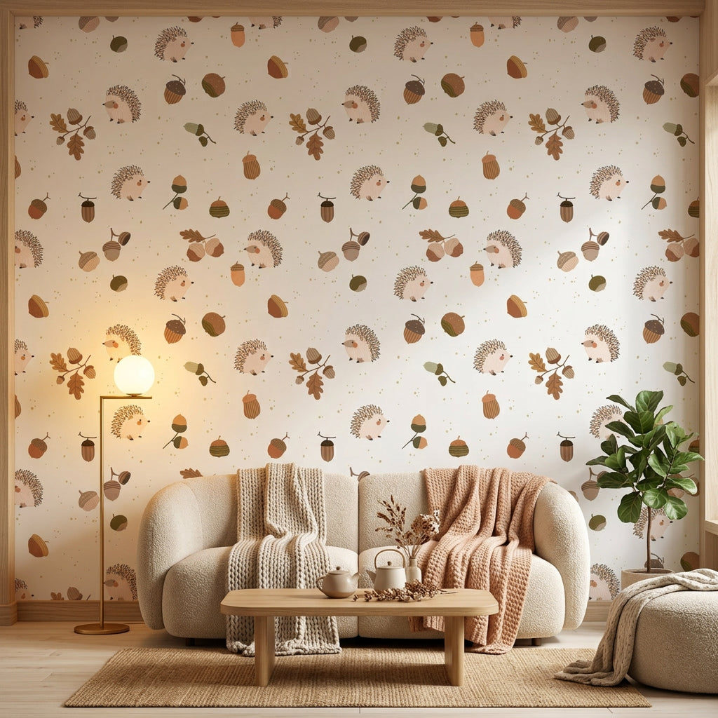 Hedgehog Hollow tan woodland hedgehog wallpaper in a warm and inviting living room