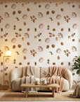 Hedgehog Hollow tan woodland hedgehog wallpaper in a warm and inviting living room