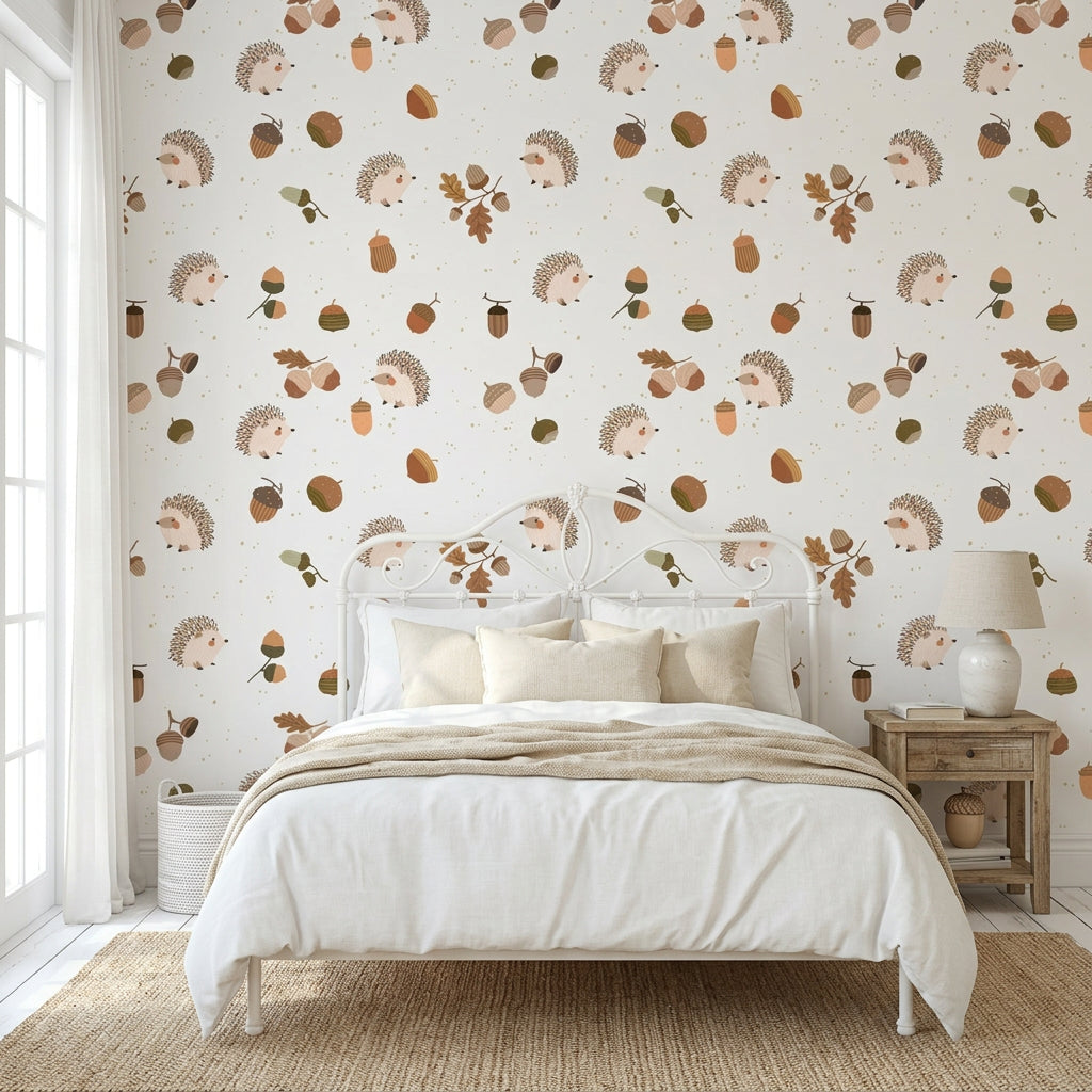 Hedgehog Hollow tan woodland hedgehog wallpaper adding character to a cozy bedroom
