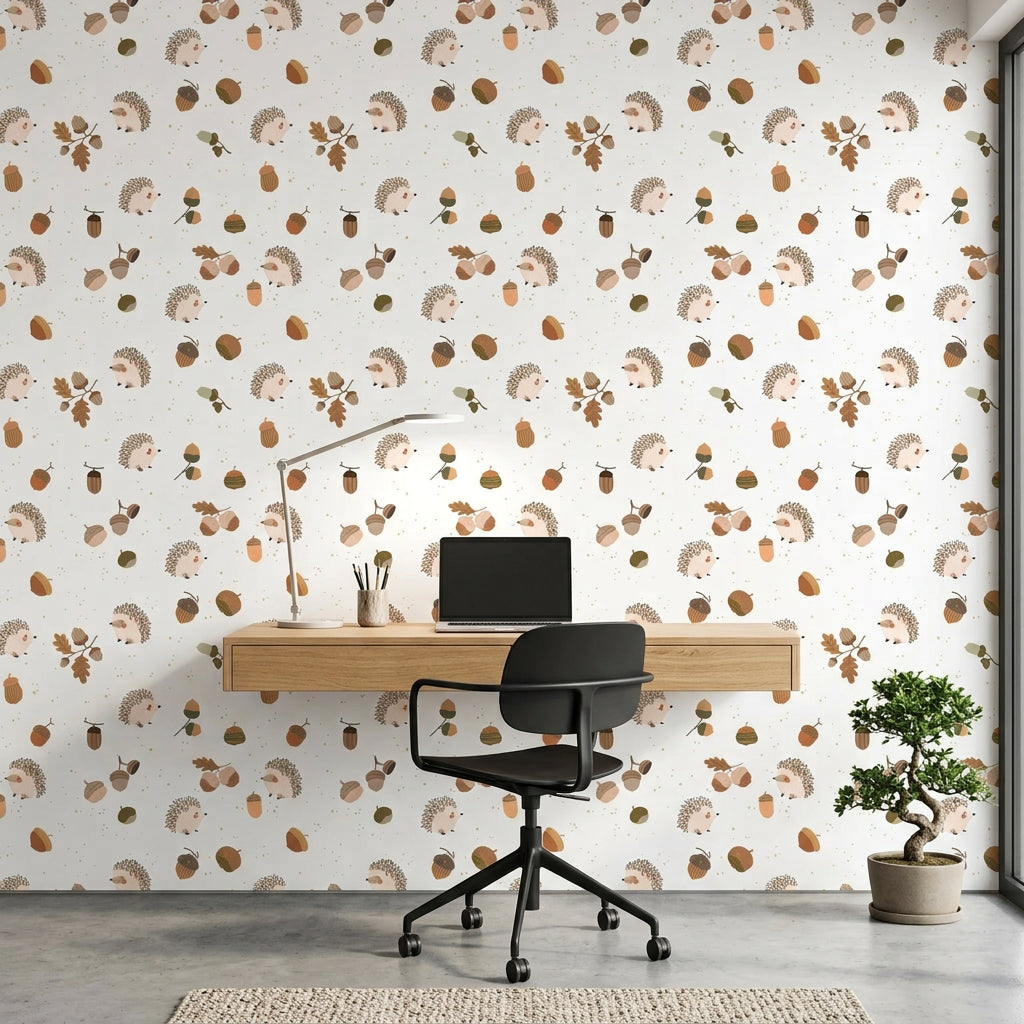 Hedgehog Hollow tan woodland hedgehog wallpaper as a feature wall in a bright home office