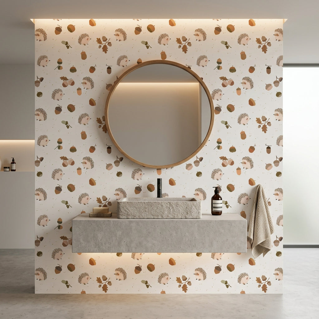 Hedgehog Hollow tan woodland hedgehog wallpaper creating ambiance in a serene bathroom