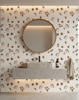 Hedgehog Hollow tan woodland hedgehog wallpaper creating ambiance in a serene bathroom