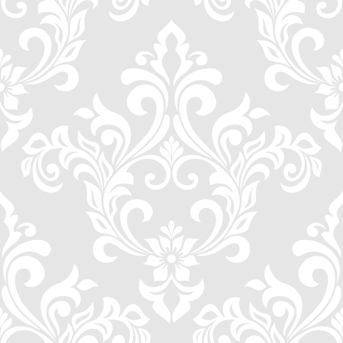 Heirloom Rose Medley soft grey and white damask wallpaper