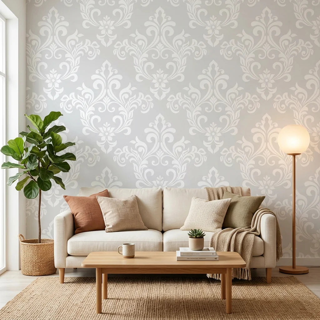 Heirloom Rose Medley soft grey and white damask wallpaper in a warm and inviting living room