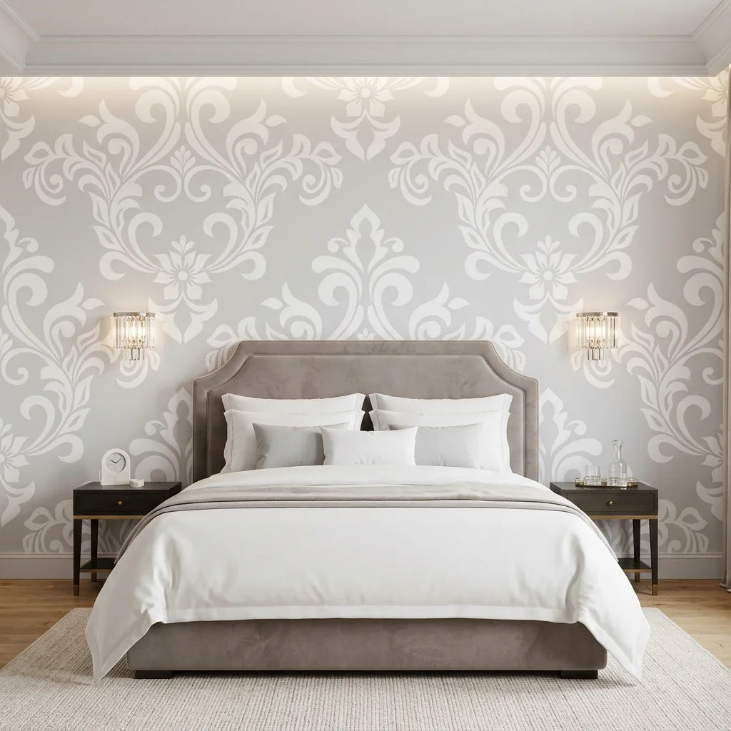 Heirloom Rose Medley soft grey and white damask wallpaper adding character to a cozy bedroom