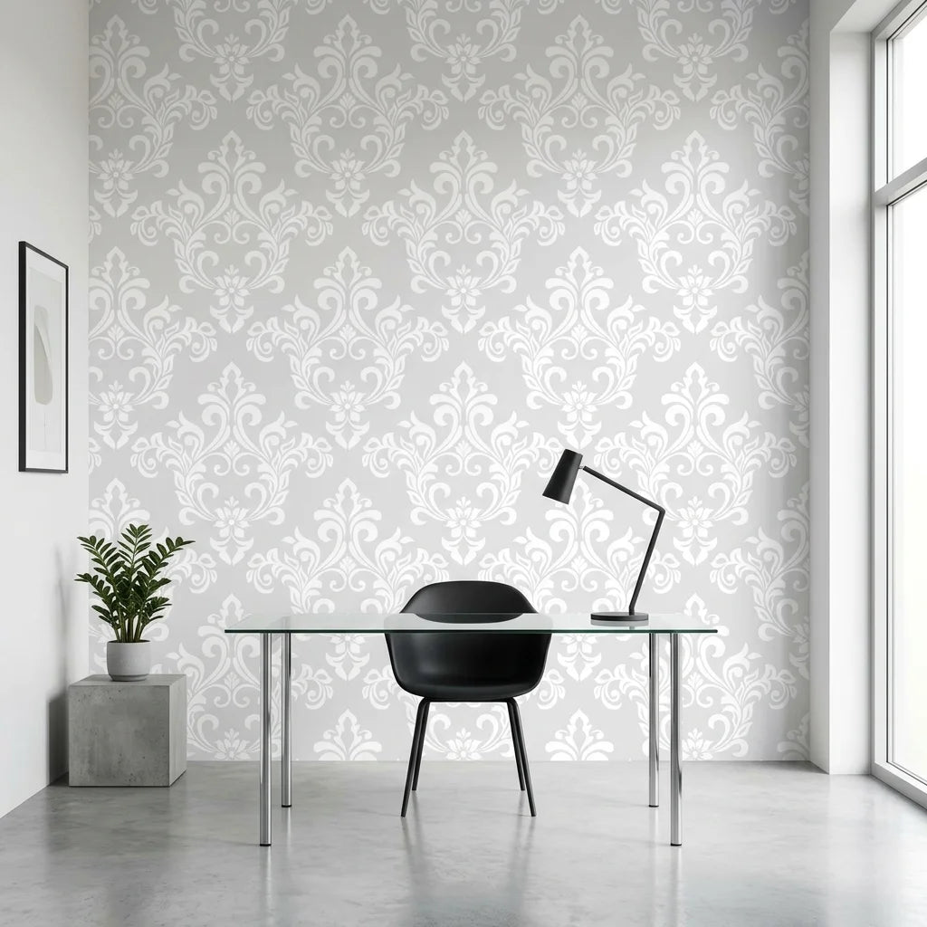 Heirloom Rose Medley soft grey and white damask wallpaper as a feature wall in a bright home office