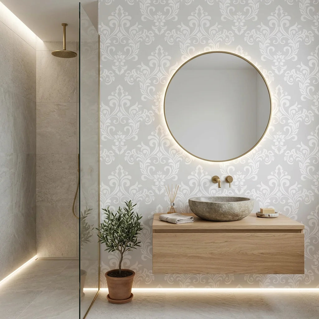 Heirloom Rose Medley soft grey and white damask wallpaper creating ambiance in a serene bathroom