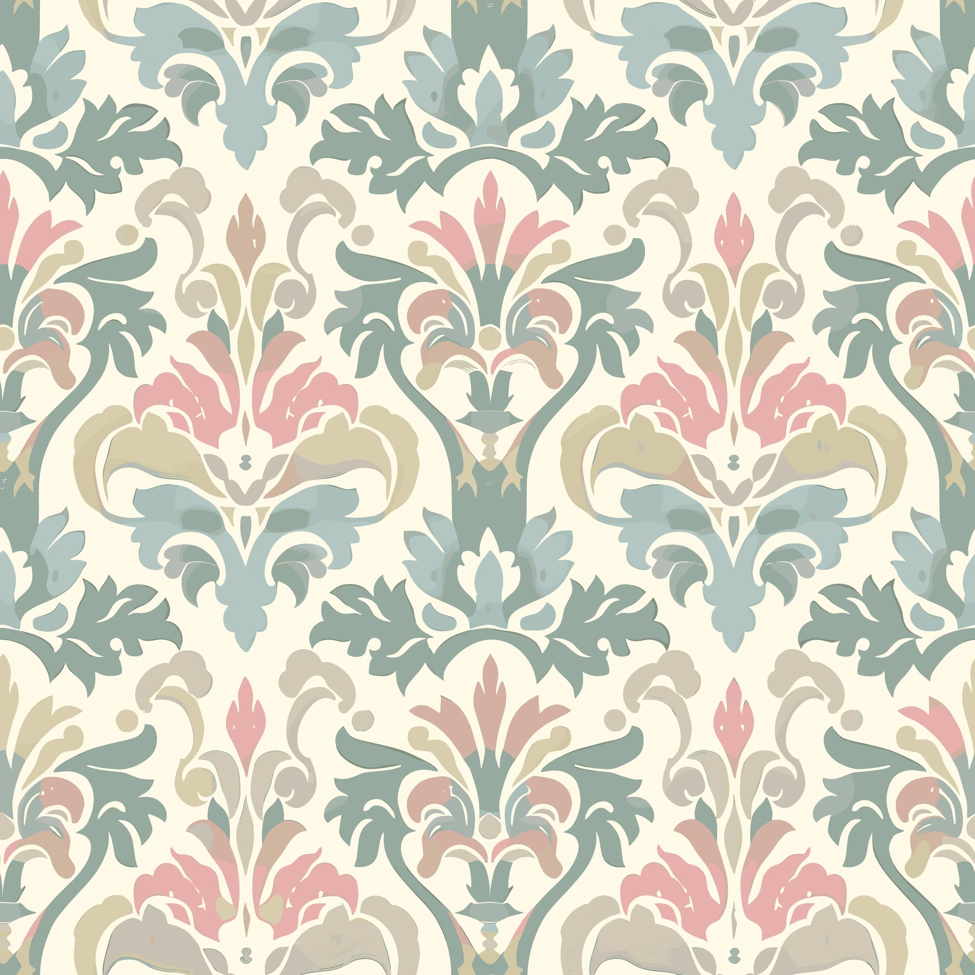 Linen-like peel and stick wallpaper with sage damask scrollwork - Heirloom Hush