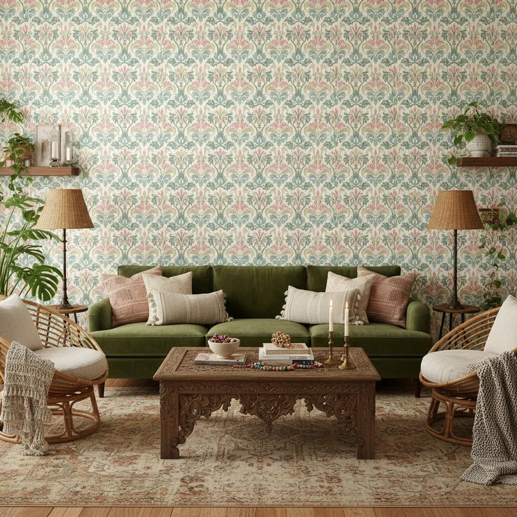 Heirloom Hush soft sage damask wallpaper in a warm and inviting living room