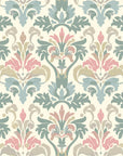 Linen-like peel and stick wallpaper with sage damask scrollwork - Heirloom Hush