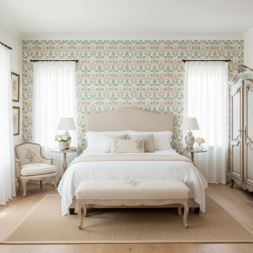 Heirloom Hush soft sage damask wallpaper adding character to a cozy bedroom