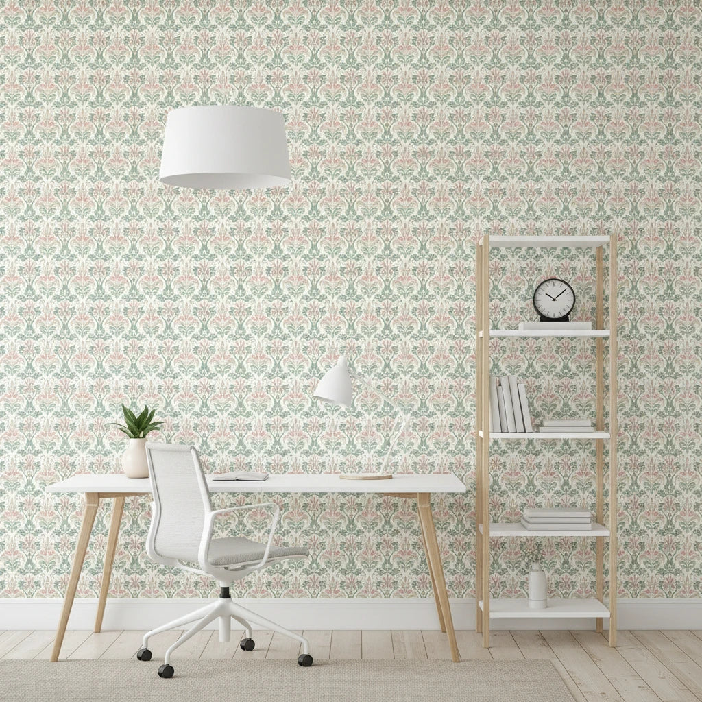 Heirloom Hush soft sage damask wallpaper as a feature wall in a bright home office