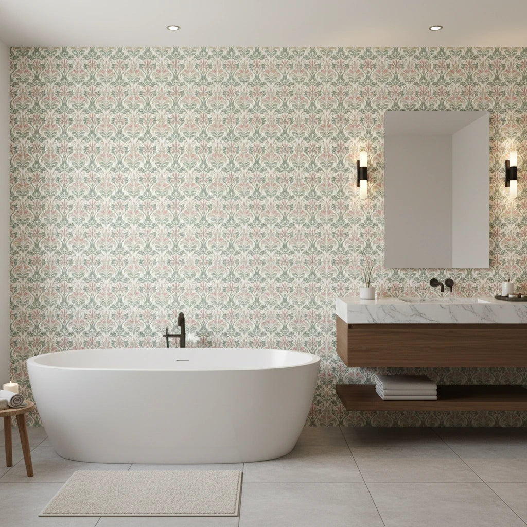 Heirloom Hush soft sage damask wallpaper creating ambiance in a serene bathroom
