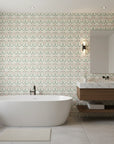 Heirloom Hush soft sage damask wallpaper creating ambiance in a serene bathroom