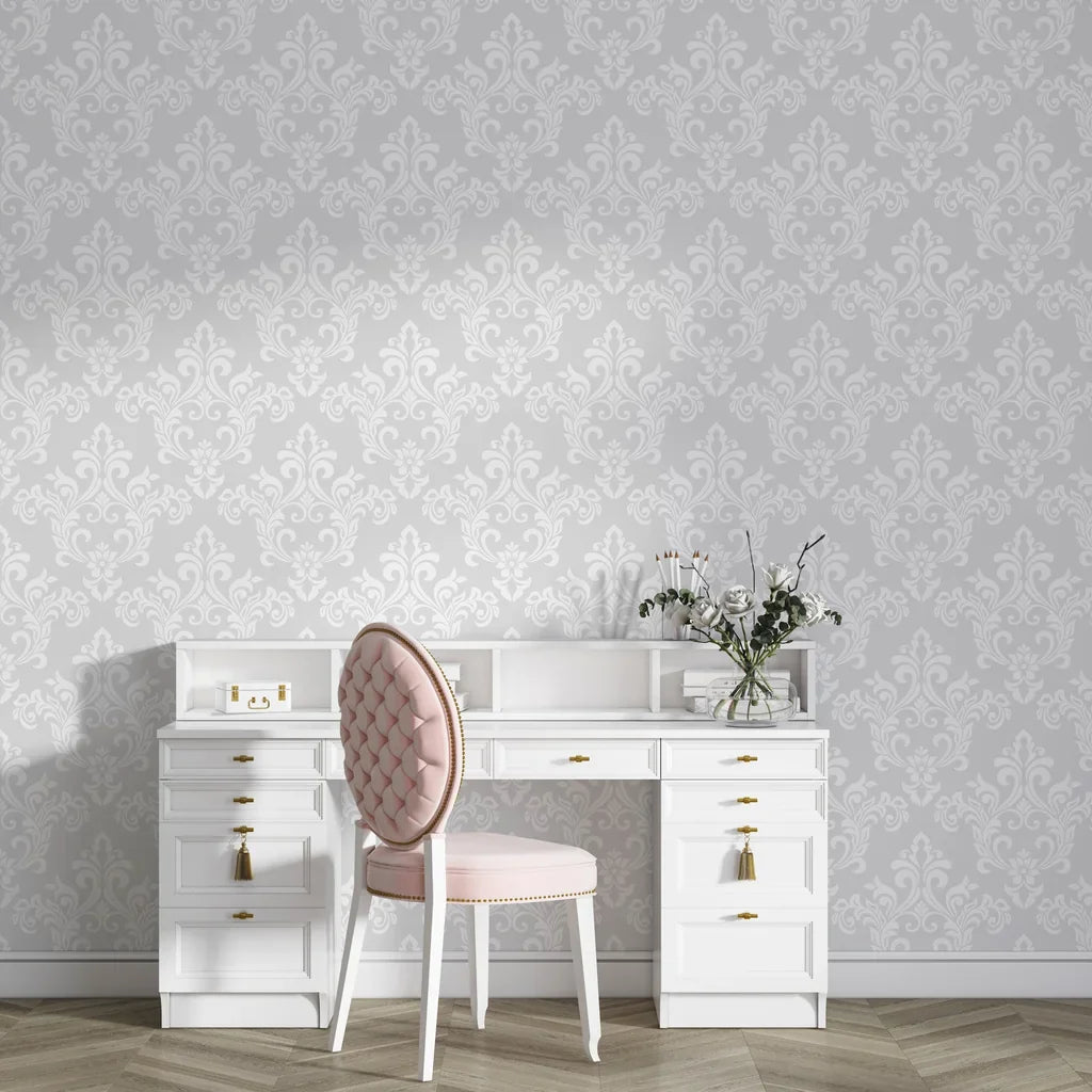 Gray and white damask Heirloom Rose Medley removable wallpaper on elegant vanity room wall
