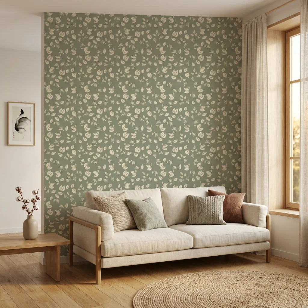 Herb &amp; Ivory sage green botanical leaf in a warm and inviting living room