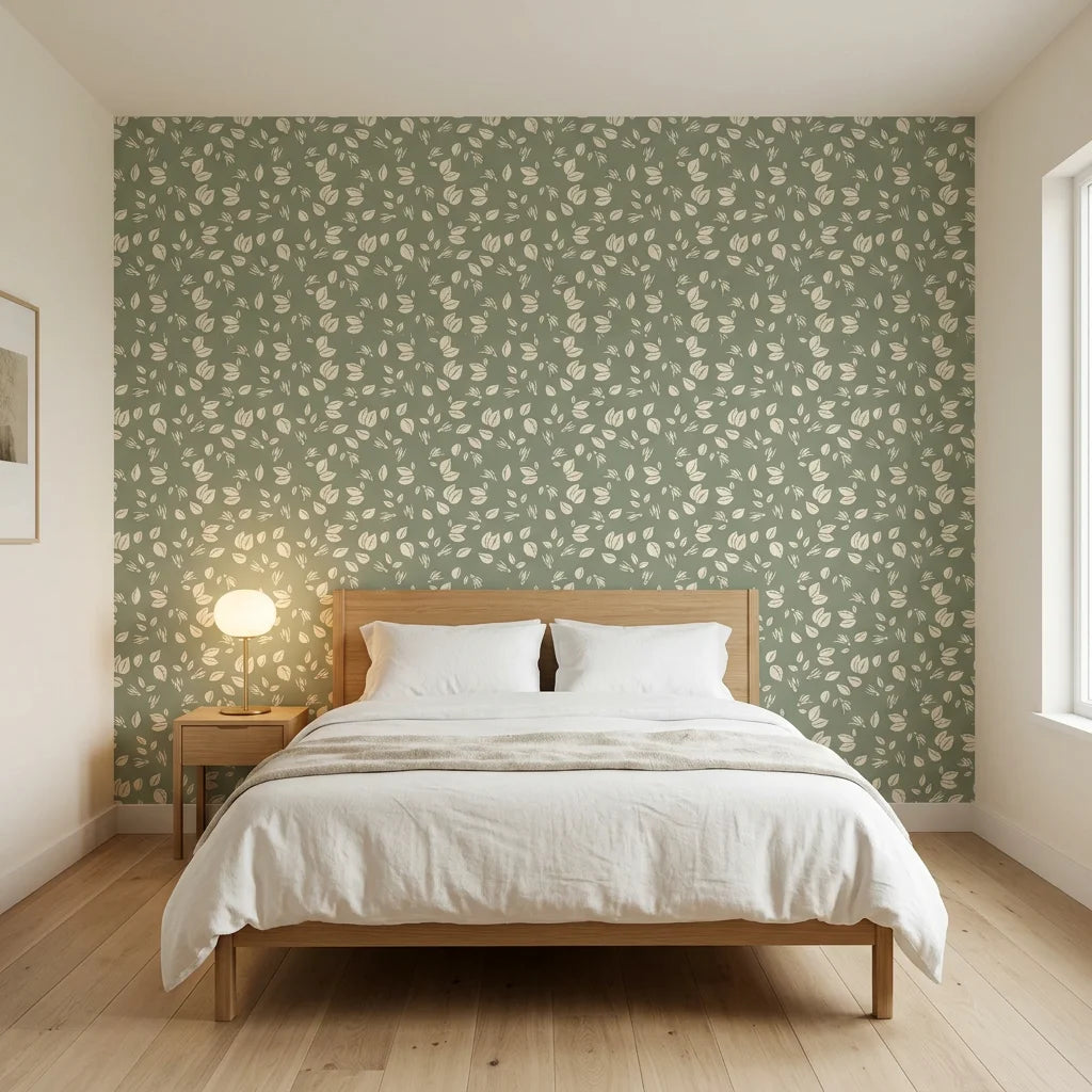 Herb &amp; Ivory sage green botanical leaf adding character to a cozy bedroom