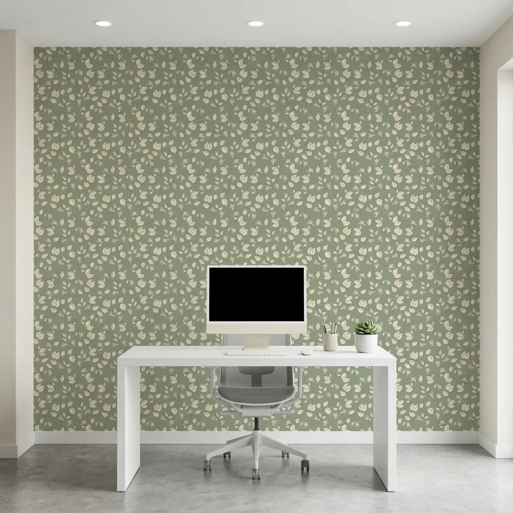 Herb &amp; Ivory sage green botanical leaf as a feature wall in a bright home office