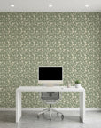 Herb & Ivory sage green botanical leaf as a feature wall in a bright home office