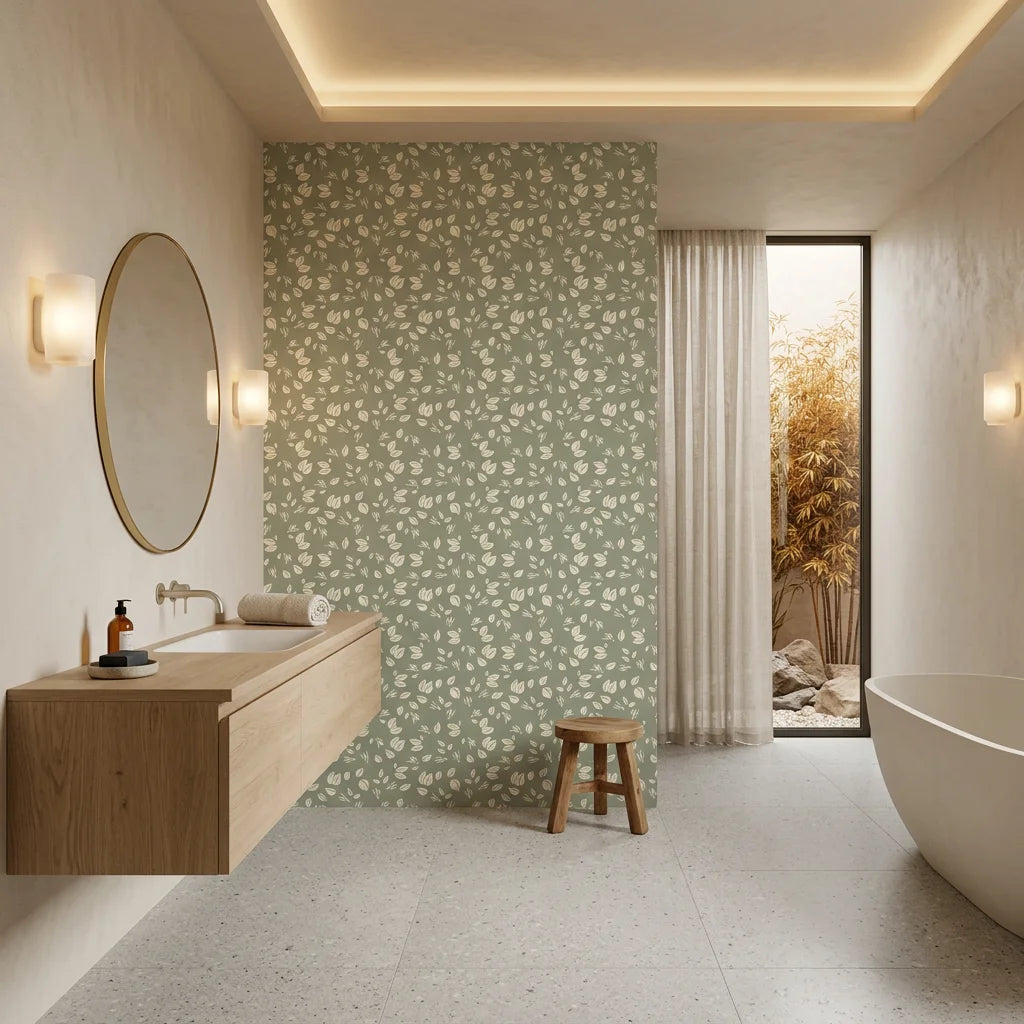 Herb &amp; Ivory sage green botanical leaf creating ambiance in a serene bathroom