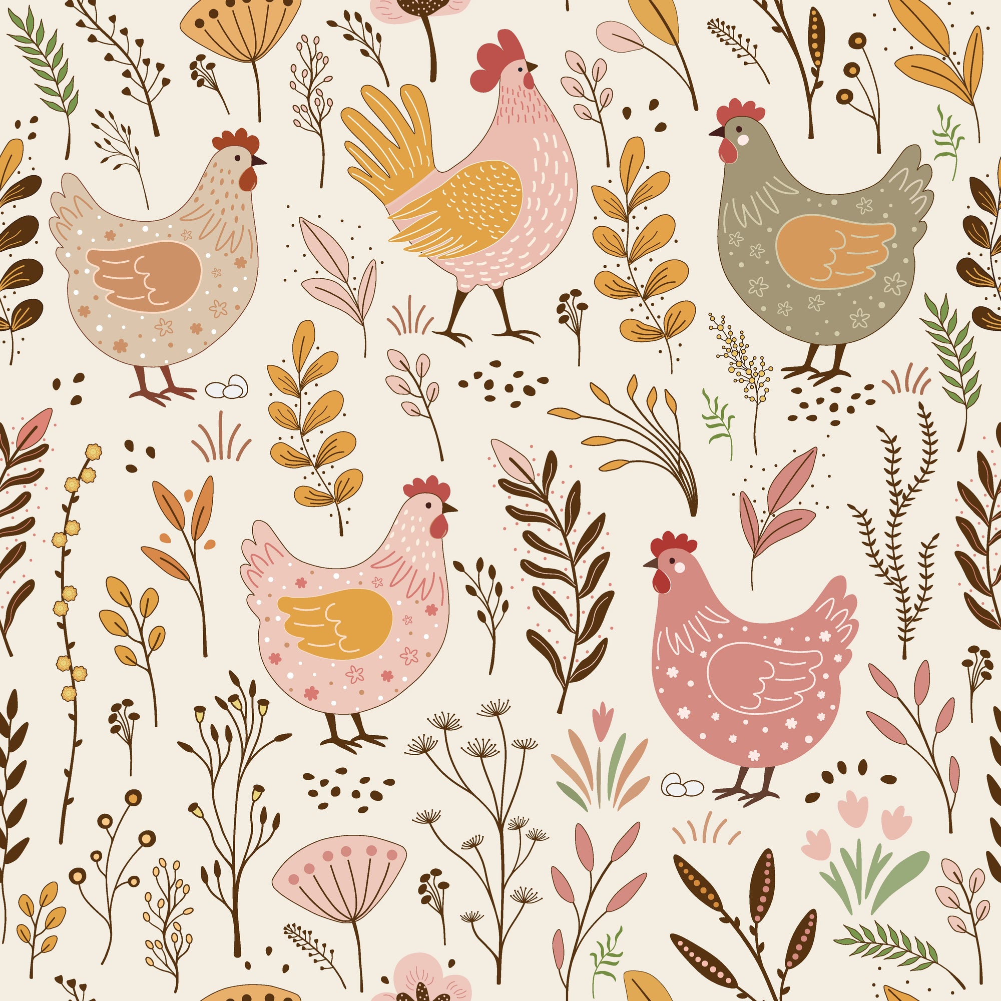 Textured peel and stick wallpaper with folk art hens and florals - Heritage Hens
