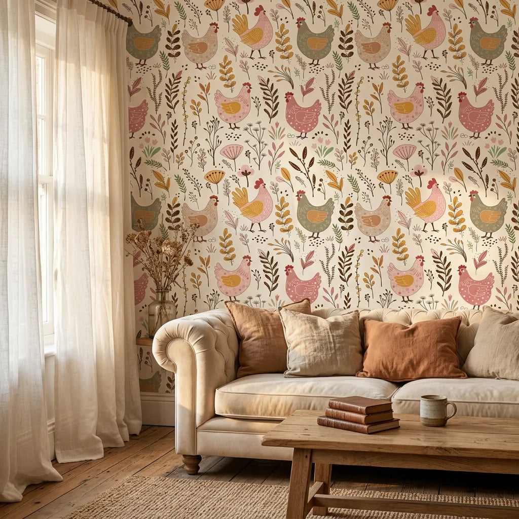 Heritage Hens rustic multicolor farmhouse chicken wallpaper in a warm and inviting living room