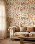 Heritage Hens rustic multicolor farmhouse chicken wallpaper in a warm and inviting living room