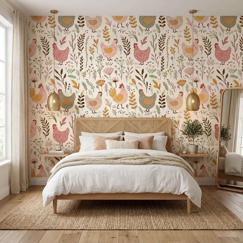 Heritage Hens rustic multicolor farmhouse chicken wallpaper adding character to a cozy bedroom