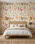 Heritage Hens rustic multicolor farmhouse chicken wallpaper adding character to a cozy bedroom