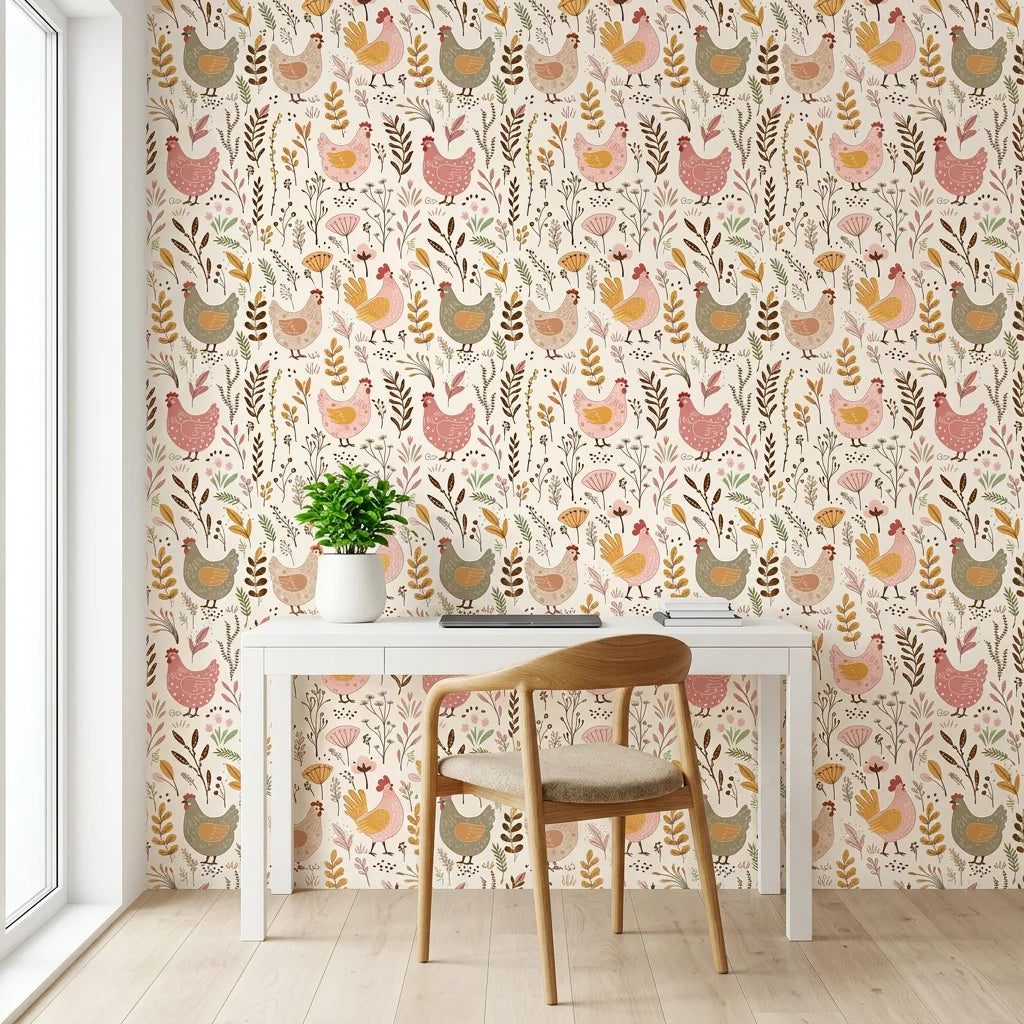 Heritage Hens rustic multicolor farmhouse chicken wallpaper as a feature wall in a bright home office