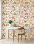 Heritage Hens rustic multicolor farmhouse chicken wallpaper as a feature wall in a bright home office