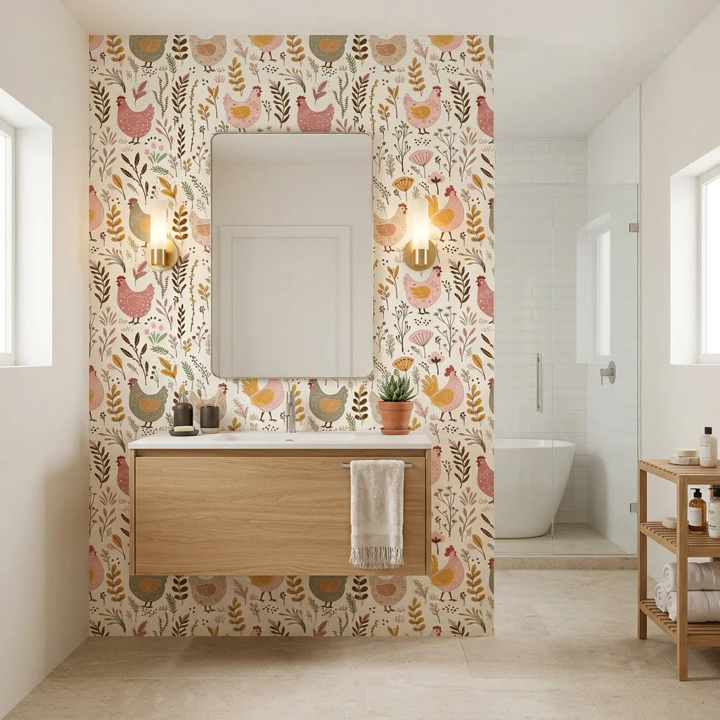 Heritage Hens rustic multicolor farmhouse chicken wallpaper creating ambiance in a serene bathroom