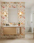 Heritage Hens rustic multicolor farmhouse chicken wallpaper creating ambiance in a serene bathroom