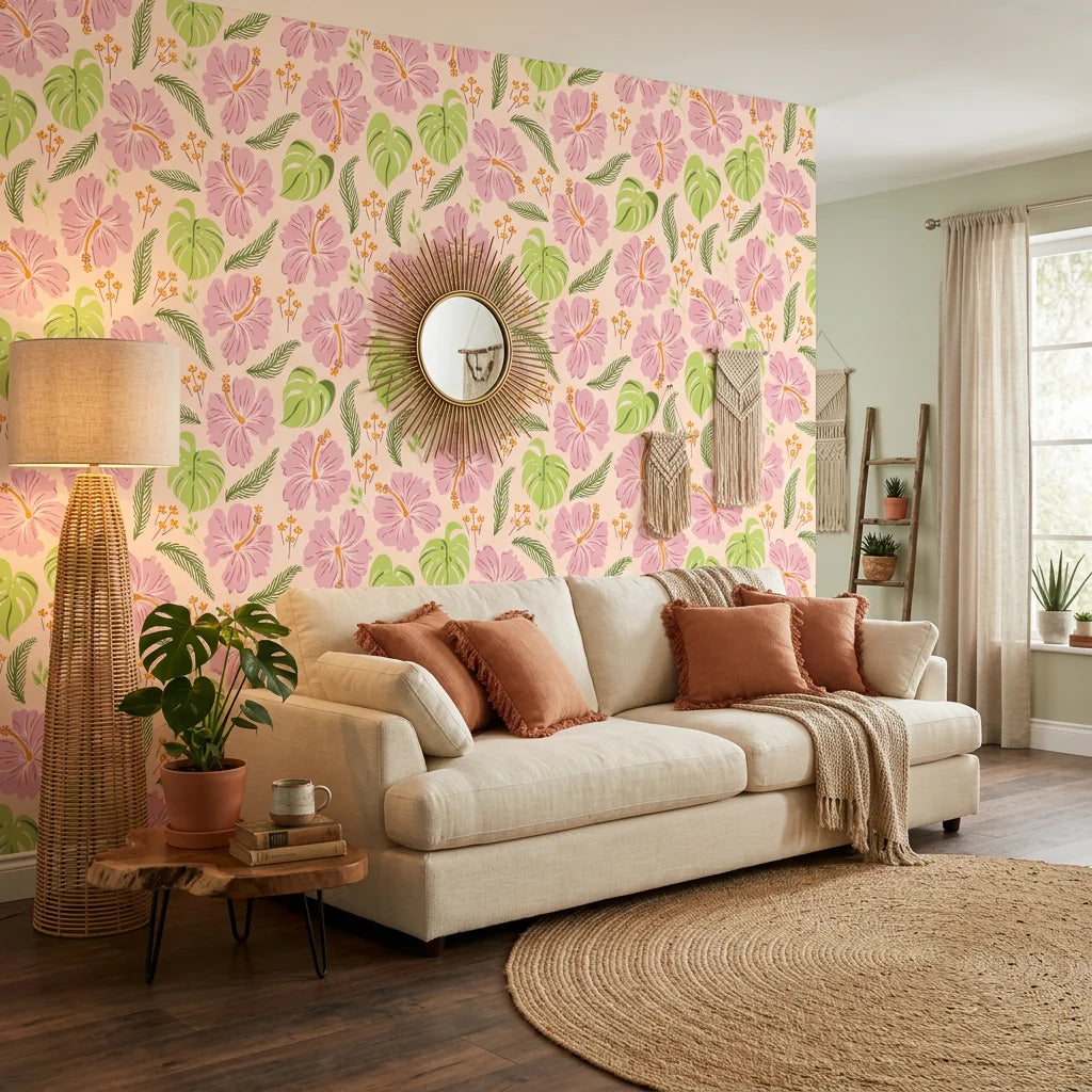 Hibiscus Hour blush pink hibiscus floral in a warm and inviting living room