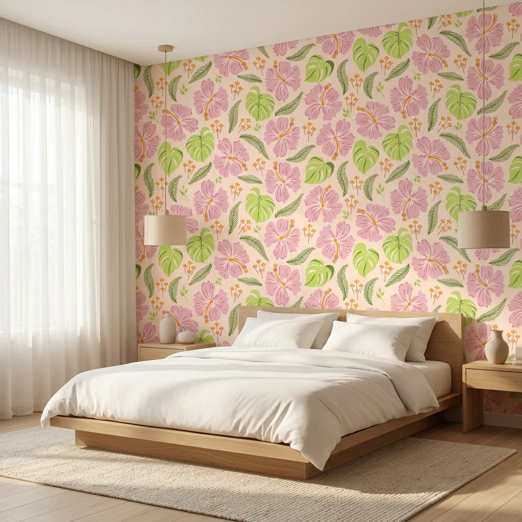 Hibiscus Hour blush pink hibiscus floral adding character to a cozy bedroom
