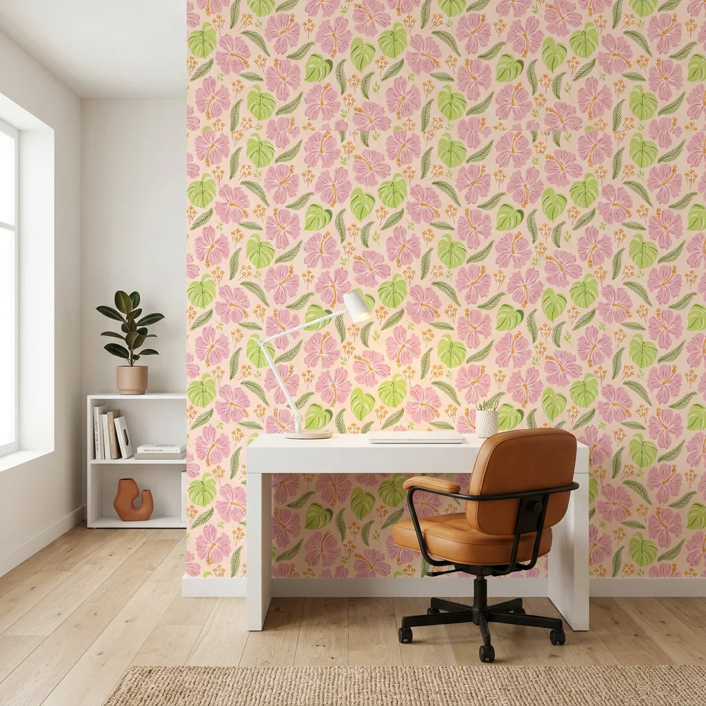 Hibiscus Hour blush pink hibiscus floral as a feature wall in a bright home office