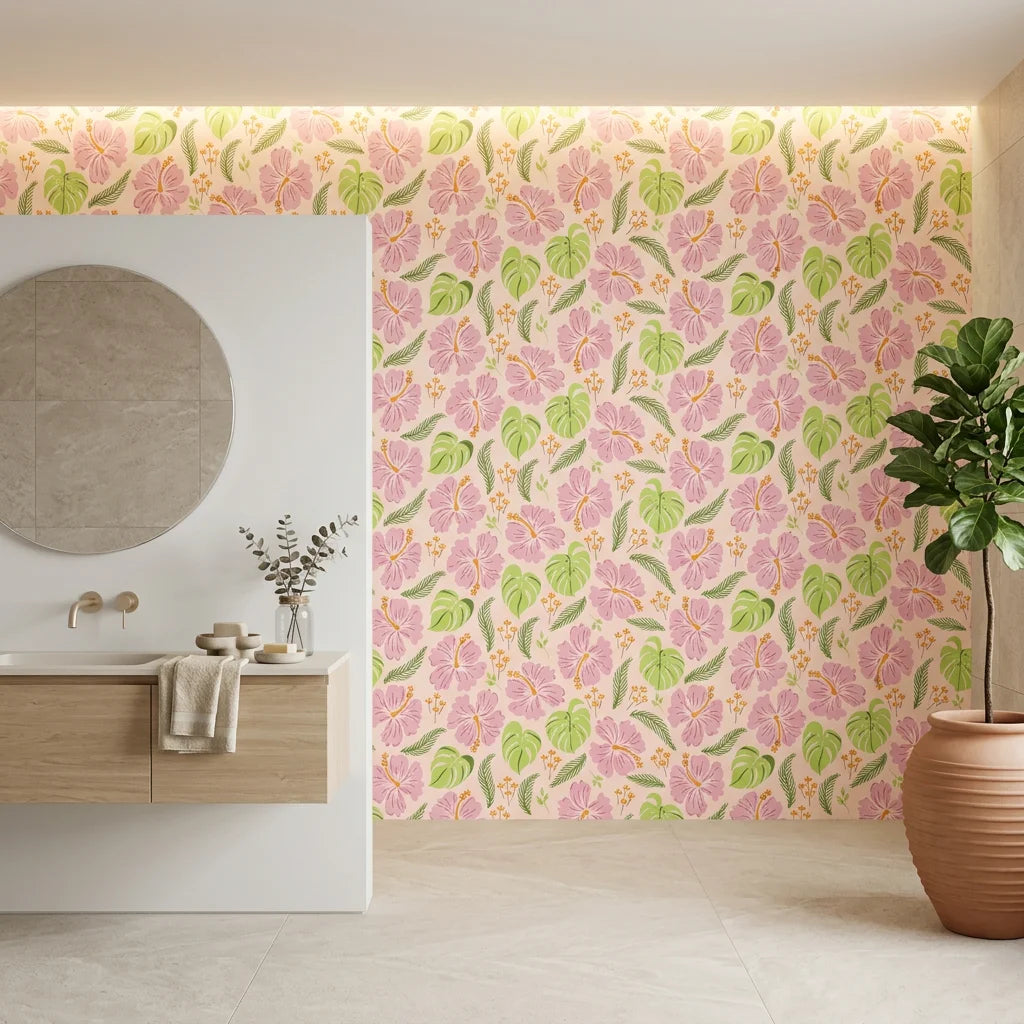 Hibiscus Hour blush pink hibiscus floral creating ambiance in a serene bathroom