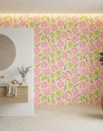 Hibiscus Hour blush pink hibiscus floral creating ambiance in a serene bathroom