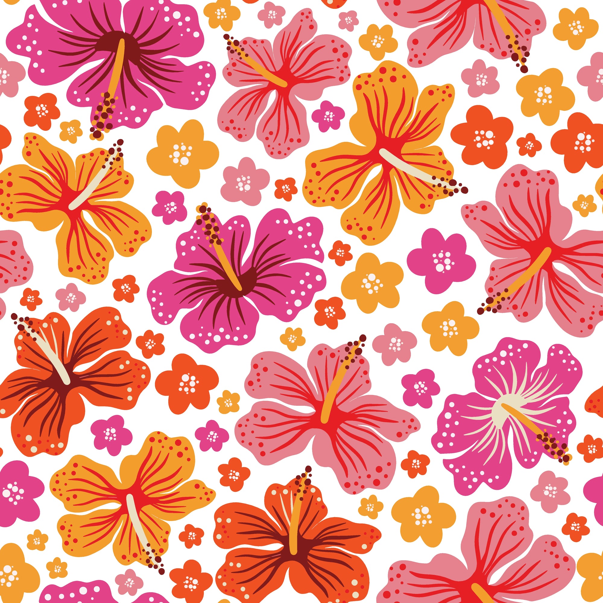 Smooth peel and stick wallpaper with pink hibiscus florals - Hibiscus Carnival