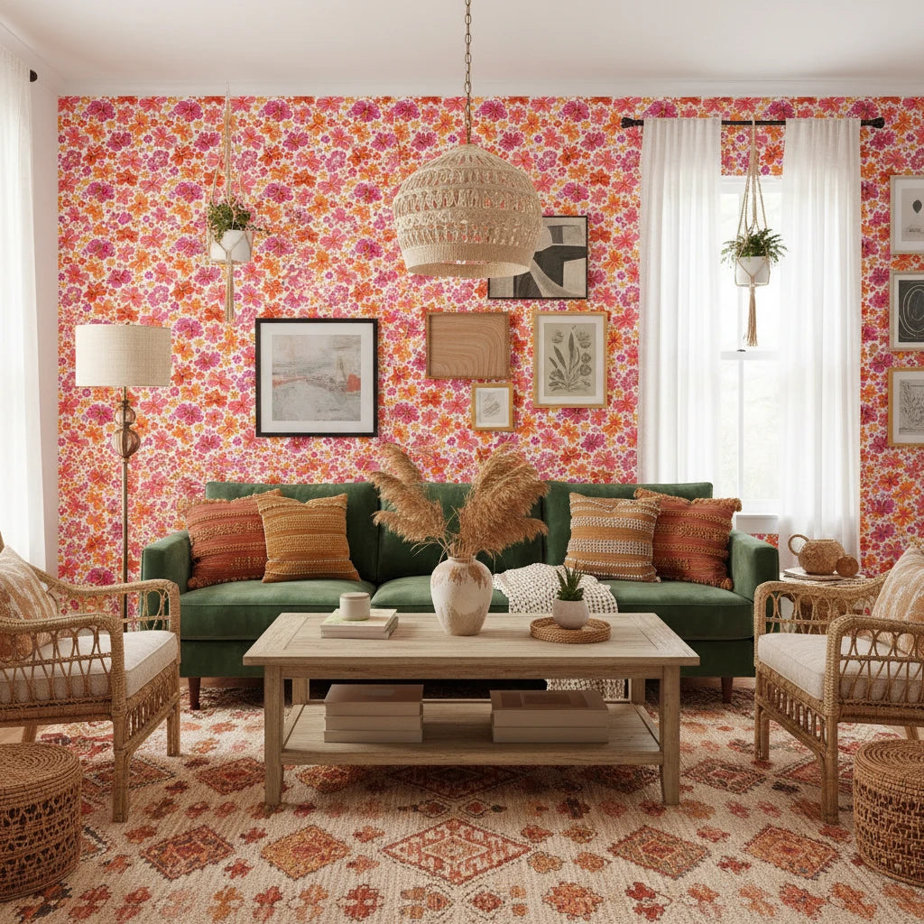 Hibiscus Carnival vibrant pink tropical wallpaper in a warm and inviting living room
