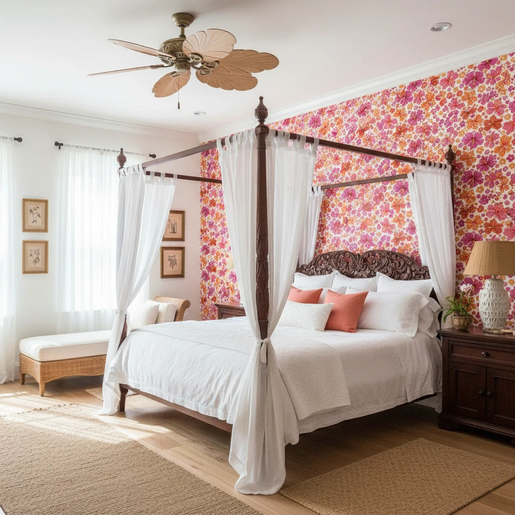 Hibiscus Carnival vibrant pink tropical wallpaper adding character to a cozy bedroom