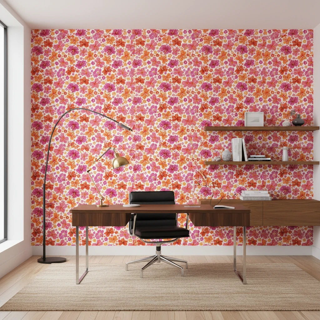 Hibiscus Carnival vibrant pink tropical wallpaper as a feature wall in a bright home office