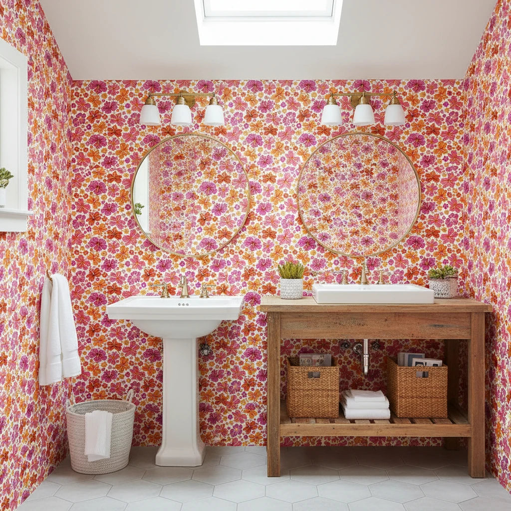 Hibiscus Carnival vibrant pink tropical wallpaper creating ambiance in a serene bathroom