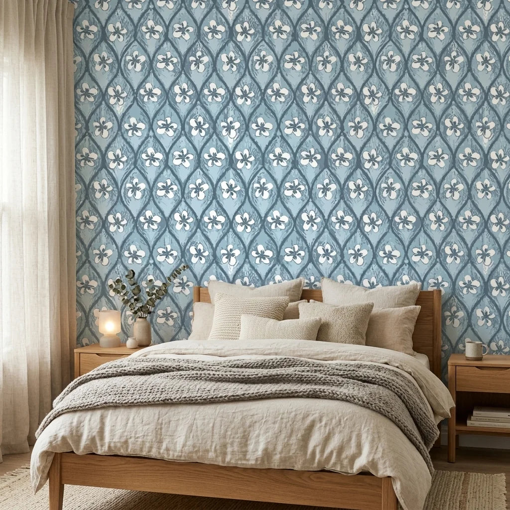 Hidden Court blue floral trellis wallpaper in a warm and inviting living room
