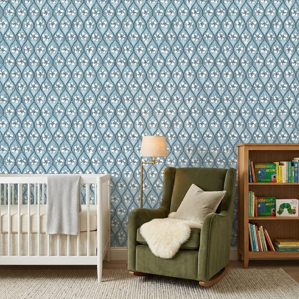 Hidden Court blue floral trellis wallpaper adding character to a cozy bedroom