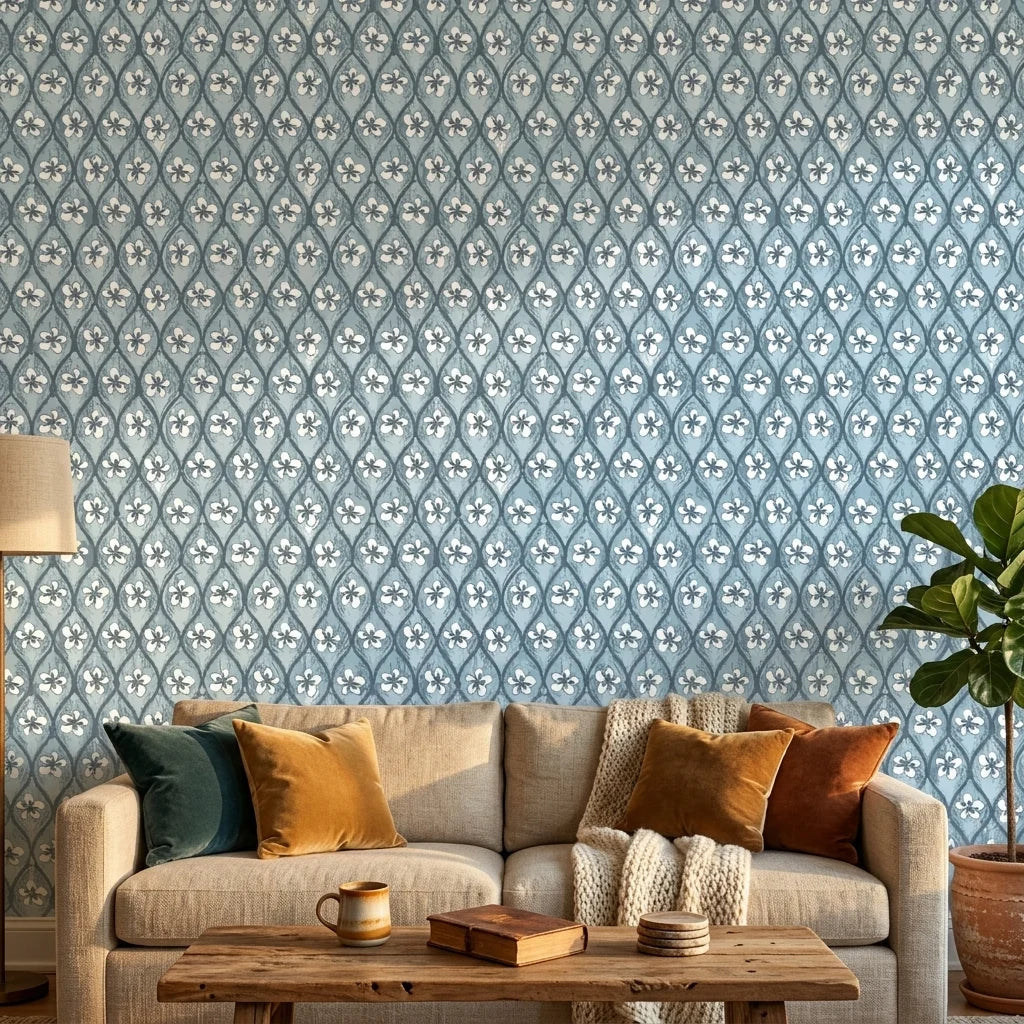 Hidden Court blue floral trellis wallpaper as a feature wall in a bright home office