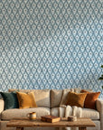 Hidden Court blue floral trellis wallpaper as a feature wall in a bright home office